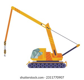 Hoisting crane icon. Construction crane. Equipment in flat style. Yellow industrial heavy machine. Lifter doing heavy lifting