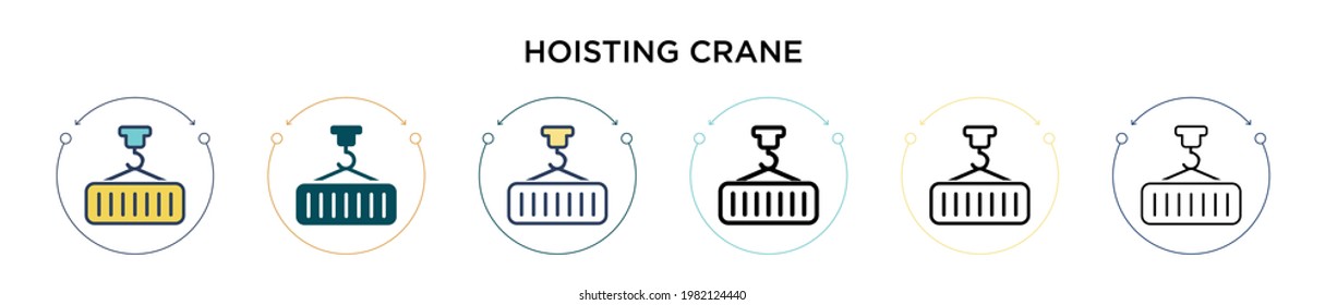 Hoisting crane icon in filled, thin line, outline and stroke style. Vector illustration of two colored and black hoisting crane vector icons designs can be used for mobile, ui, web