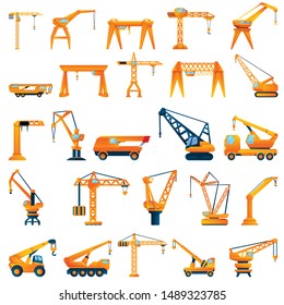 Hoisting crane icons set. Cartoon set of hoisting crane vector icons for web design