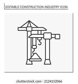  Icono de la línea de la grúa. Las máquinas grandes mueven cosas pesadas. Materiales de construcción levantados en el aire. Concepto de la industria de la construcción. Ilustración vectorial aislada. Trazo editable