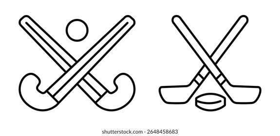 hokey  icon. Hockey sticks crossed with puck icons. hokey line vector illustration isolated on white background

