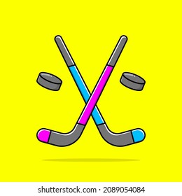 Hokey stick and hockey ball icon illustration. Floating Hokey stick and hockey ball icon on yellow background.