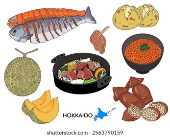 Hokkaido gourmet line drawing illustration set