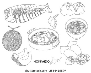 Hokkaido Gourmet Line Drawing Illustration Monochrome