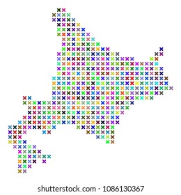 Hokkaido Island map. Vector collage of geographic plan. Regular pattern is composed with x-cross pixels in different colors.