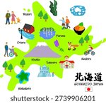 Hokkaido regional map illustration with flat hand drawn style for tourism promotion and sustainable community development