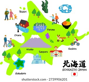 Hokkaido regional map illustration with flat hand drawn style for tourism promotion and sustainable community development