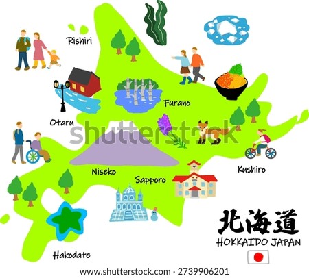 Hokkaido regional map illustration with flat hand drawn style for tourism promotion and sustainable community development