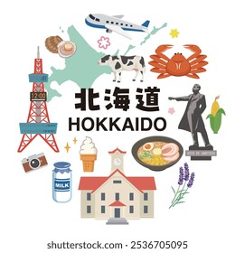 Hokkaido Tourismus einfache Vektorgrafik-Set. Übersetzung japanischer Zeichen: Hokkaido.