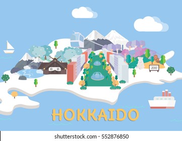 Hokkaido travel map in flat illustration.