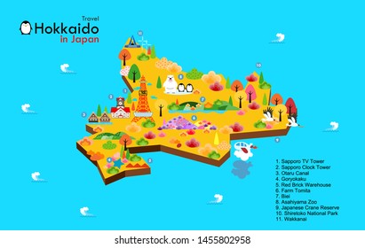 Hokkaido travel map in Japan  landmark. Attractions Hokkaido , travel poster with map - travel to Japan, vector illustration