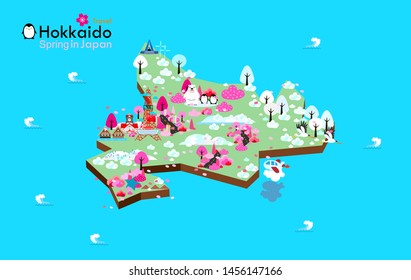 Hokkaido travel map spring in Japan landmark. The Best Places to See Cherry Blossoms in Hokkaido, travel poster with map - travel to Japan, vector illustration