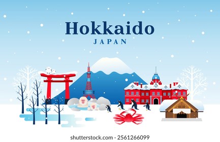 Hokkaido winter landscape background vector design. Snow monkey in Onsen, penguin parade, famous attraction with Mount Yotei(Ezo fuji) background