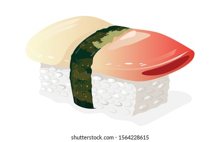 Hokkigai sushi. Boiled rice topped with piece of shellfish and wrapped around with strip of nori seaweed. Asian seafood, snack. Vector realistic illustration isolated on white background.