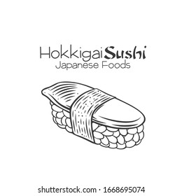 Hokkigai sushi outline. Japanese traditional food icon. Isolated hand drawn seafood vector illustration.