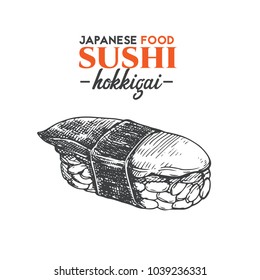 Hokkigai sushi sketch. Japanese traditional food icon. Isolated hand drawn vector illustration.