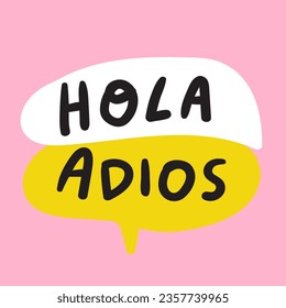 Hola, Adios. Es un buen saludo y adiós en inglés. Burbujas de discursos. Español. Diseño gráfico vectorial sobre fondo rosado.