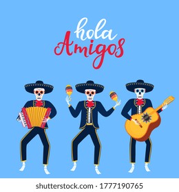 Hola Amigos hand drawn lettering. Cartoon dead mariachi play musical instruments. Sugar skull vector illustration. Independence Day of Mexico