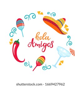 Hola Amigos poster with sombrero, maracas, margarita and chili pepper