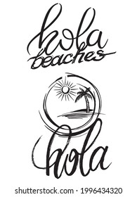 Hola beaches. Summer night. Design with palm trees and sea