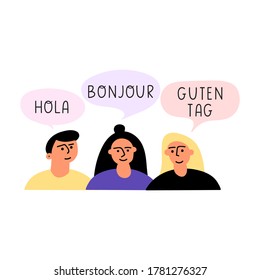 Hola, bonjour, guten tag. Bilingual concept. Hand drawn vector illustration on white background.