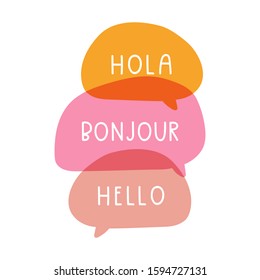 Hola, bonjour, hello. Bilingual translation concept. Vector hand drawn, lettering illustration on white background.