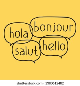 Hola, bonjour, salut, hello. Bilingual, translation concept. Vector hand drawn, lettering illustration on yellow background.