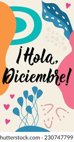 Hola, Diciembre. Social media story post template. Translation from Spanish - Hello, December. Element for flyers, banner, story and posters. Modern calligraphy. Spanish lettering.