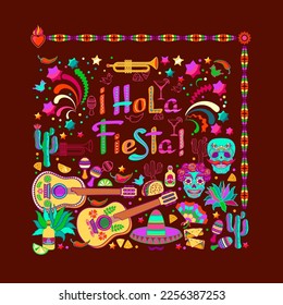 Hola Fiesta pattern. Mexican colorful symbols isolated on brown. Vector.