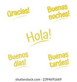 Hola, Gracias, Buenas noches, Buenas tardes, Buenos dlas. Spanish hello text. Hand drawn quote. Brush calligraphy phrase. Vector illustration for print on shirt, card, poster etc. Black and white.