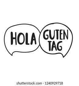 Hola, guten tag. Bilingual translation concept. Vector illustration on white background