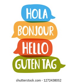 Hola, guten tag, bonjour, hello. Social network or bilingual translation concept. Vector hand drawn, lettering illustration on white background.