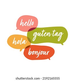 Hola, guten tag, bonjour, hello. Social network or bilingual translation concept. vector illustration