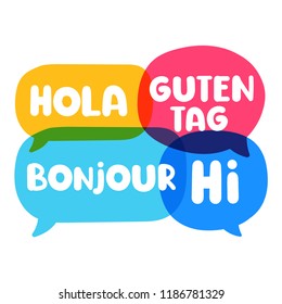 Hola, guten tag, bonjour, hi. Speech bubbles discuss, social network or bilingual translation concept. Vector business illustration on white background.