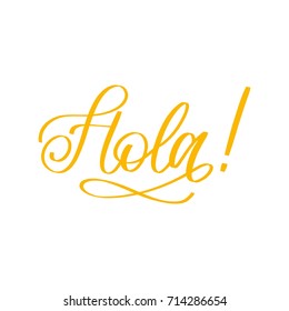 Hola hand lettering phrase translated from spanish Hello on white background.