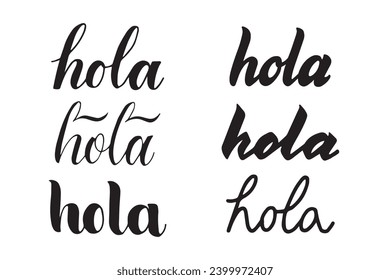 Hola handwritten word in Spanish (hello). Hand lettering typography isolated on white background. Modern brush ink calligraphy. Vector illustration for print on shirt, cup, card, poster, banner