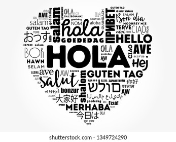 Hola (Hello Greeting in Spanish) love heart word cloud in different languages of the world