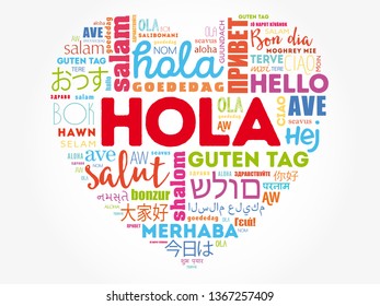 Hola (Hello Greeting in Spanish) love heart word cloud in different languages of the world