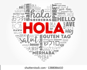 Hola (Hello Greeting in Spanish) love heart word cloud in different languages of the world