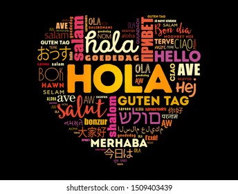 Hola (Hello Greeting in Spanish) love heart word cloud in different languages of the world