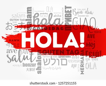 Hola! (Hello Greeting in Spanish) word cloud in different languages of the world, background concept