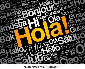 Hola! (Hello Greeting in Spanish) word cloud in different languages of the world