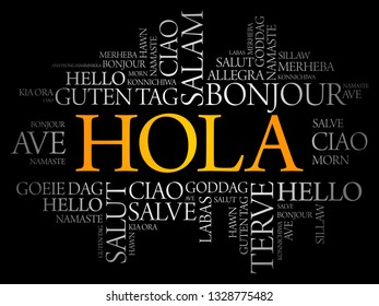 Hola (Hello Greeting in Spanish) word cloud in different languages of the world