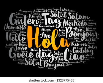 Hola (Hello Greeting in Spanish) word cloud in different languages of the world