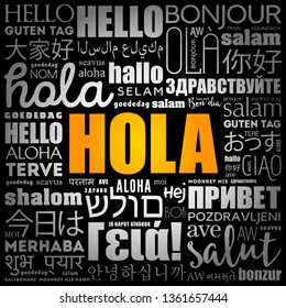 Hola! (Hello Greeting in Spanish) word cloud in different languages of the world