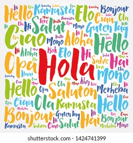 Hola (Hello Greeting in Spanish) word cloud in different languages of the world