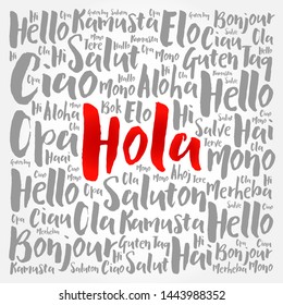 Hola (Hello Greeting in Spanish) word cloud in different languages of the world