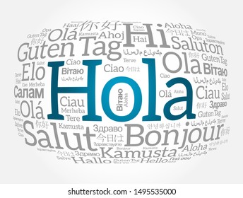 Hola (Hello Greeting In Spanish) Word Cloud In Different Languages Of The World