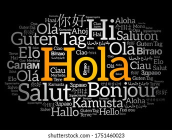 Hola (Hello Greeting in Spanish) word cloud in different languages of the world