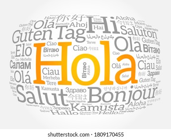 Hola (Hello Greeting in Spanish) word cloud in different languages of the world